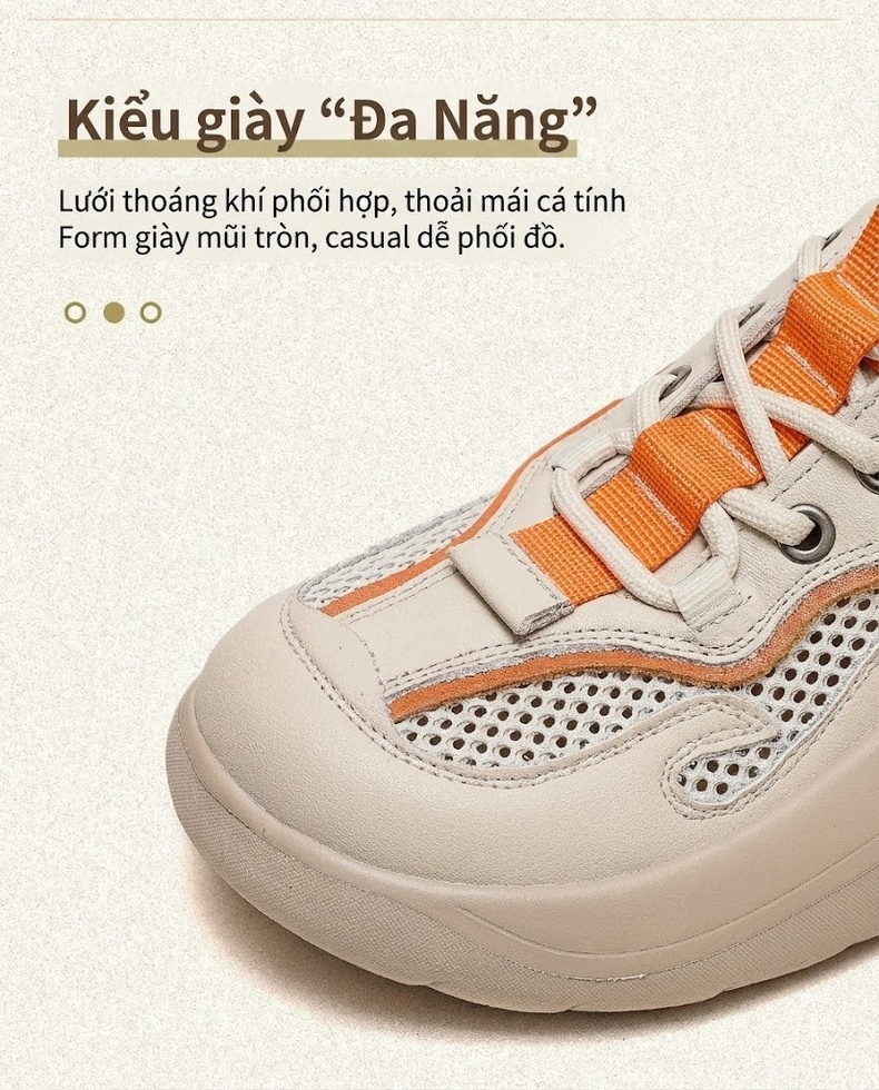 Giày Thể Thao Nữ Da Bò Phối Lưới Buộc Dây Đế Bánh Mì Đế Cao 4cm - 5cm Màu Kem, Xanh Lá, Cam chi tiết 5