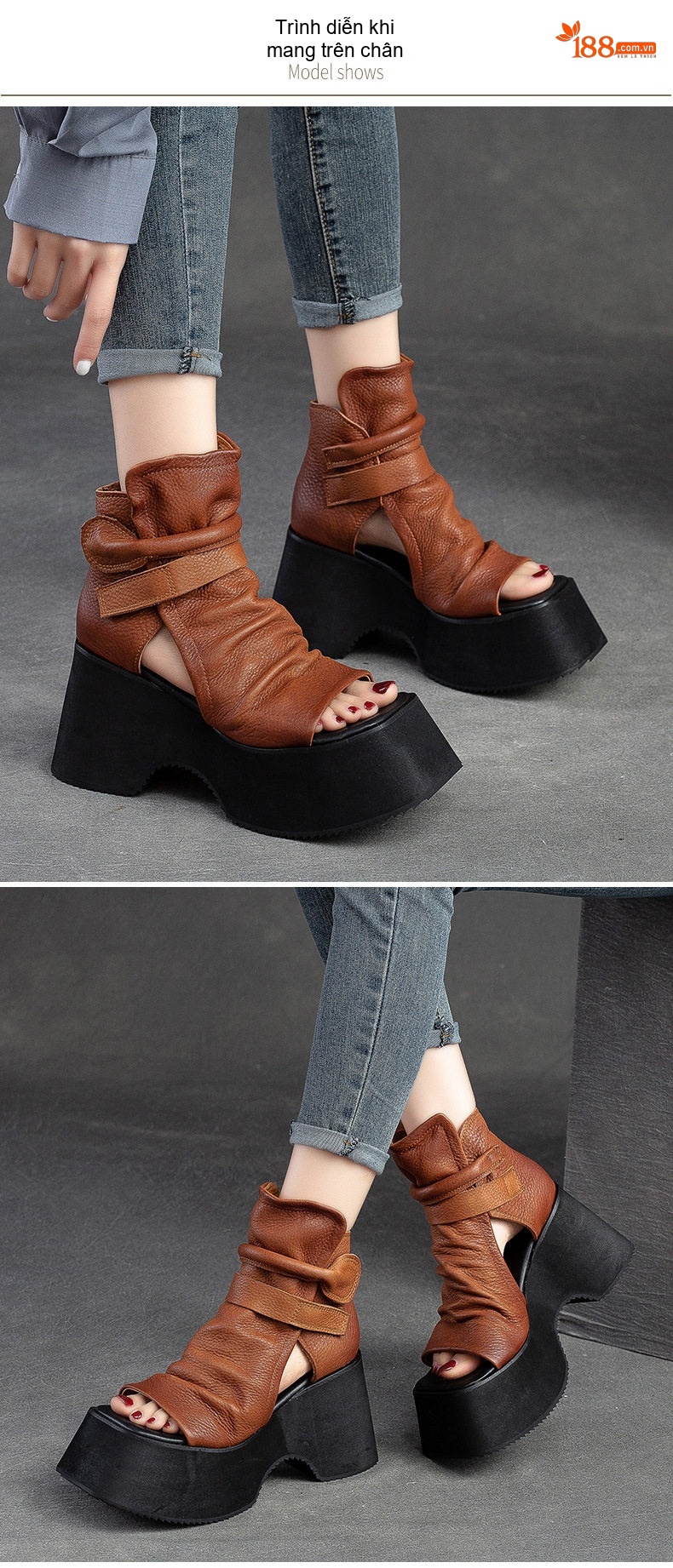 Giày Sandal Cao Gót Nữ Hở Mũi Da Bò Quai Nhún Đế Cao 5cm - 6cm Màu Nâu, Đen chi tiết 7
