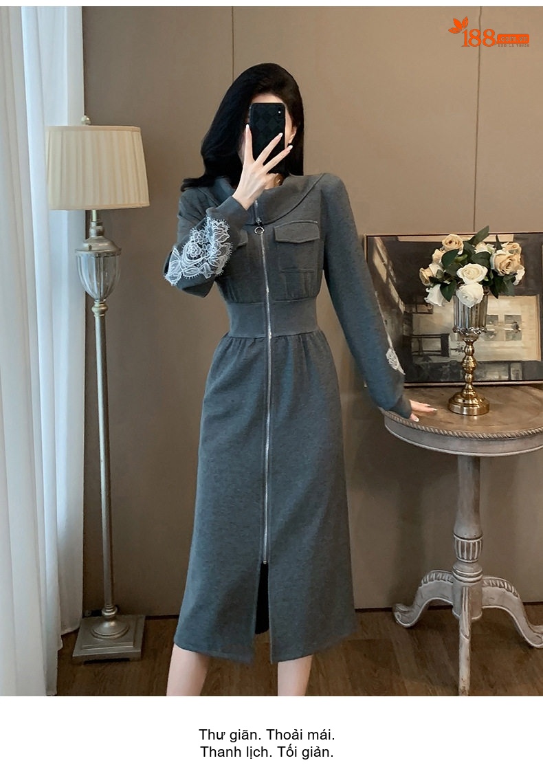 Váy Thun Nữ Dáng Dài Tay Dài Cổ Bẻ Khóa Kéo Eo Thun Màu Xám chi tiết 16