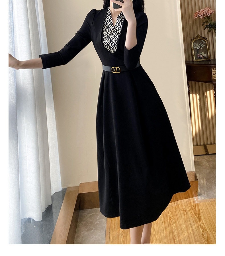 Váy Liền Thân Nữ Dáng Dài Tay Lỡ Chiết Eo Phong Cách Thanh Lịch Màu Đen chi tiết 7