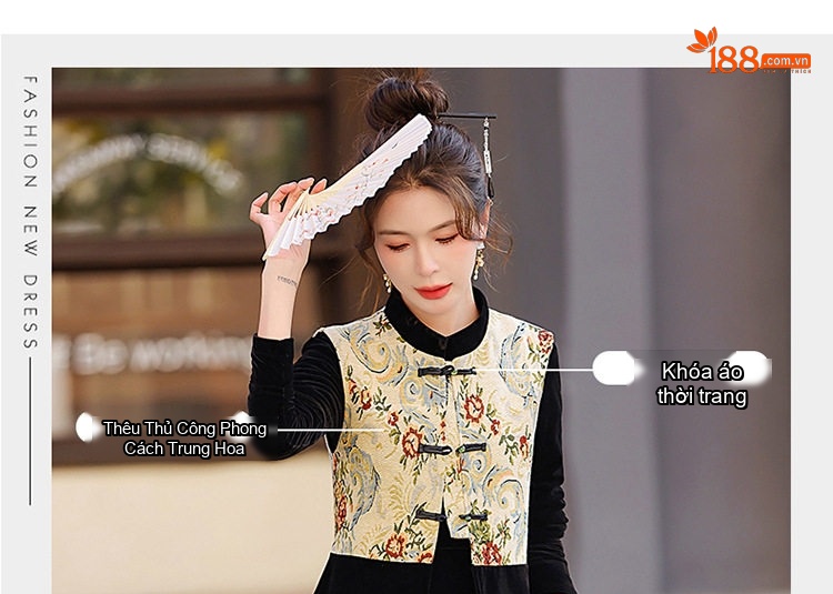 Đầm Trung Niên Dáng Dài Tay Dài Kèm Áo Gile Gấm Thêu Họa Tiết Phong Cách Retro Màu Đen chi tiết 4