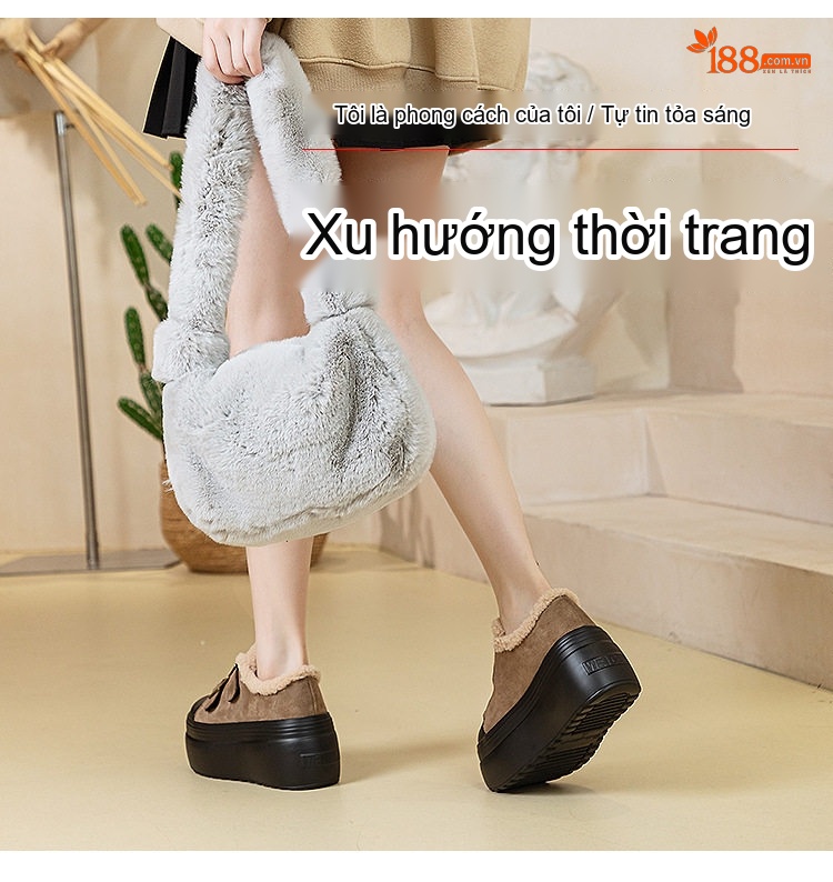 Giày Búp Bê Nữ Da Mờ Quai Dán Chiều Cao Đế 8cm Lót Lông Màu Đen, Nâu chi tiết 14
