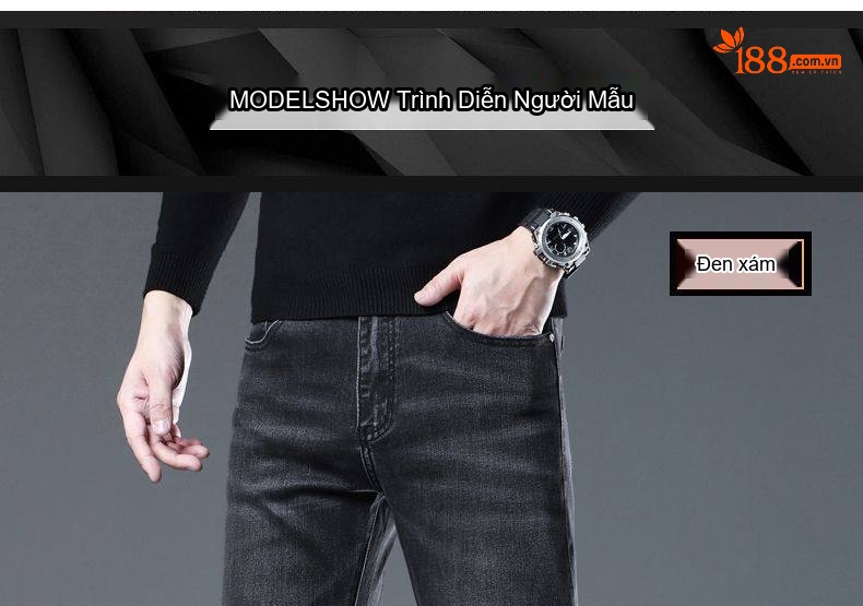 Quần Jean Nam Dáng Suông Vải Cotton Co Giãn Màu Đen Khói chi tiết 15