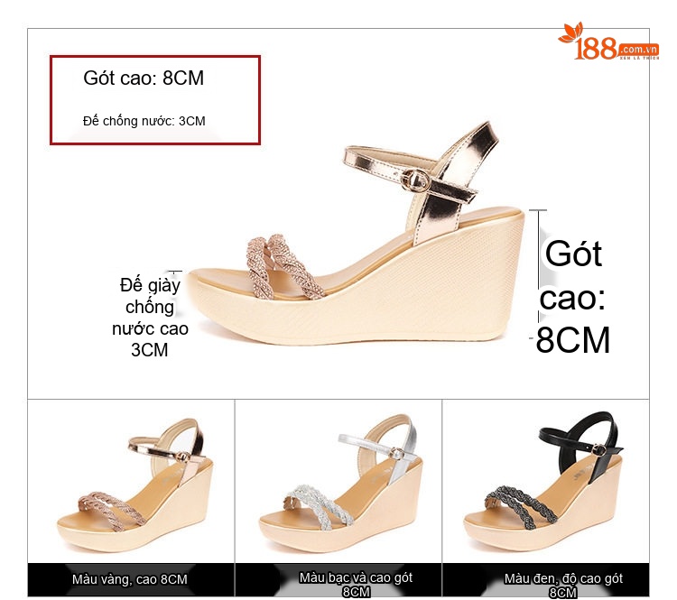 Dép Sandal Nữ Đế Xuồng Quai Hậu Đính Đá Đế Cao 5cm - 6cm Màu Vàng, Đen, Bạc chi tiết 5