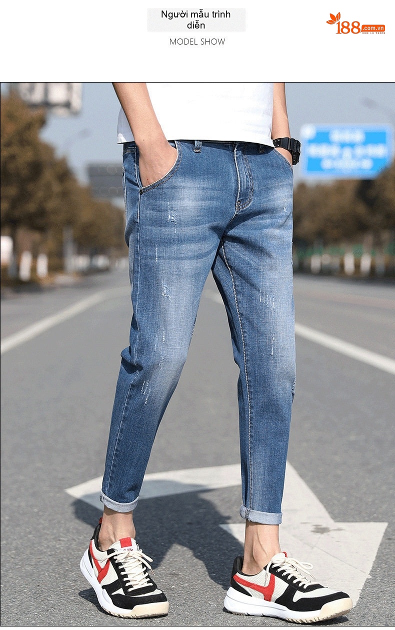 Quần Jean Nam Dáng Slim Fit Ống Lửng Phong Cách Casual Màu Xanh chi tiết 17