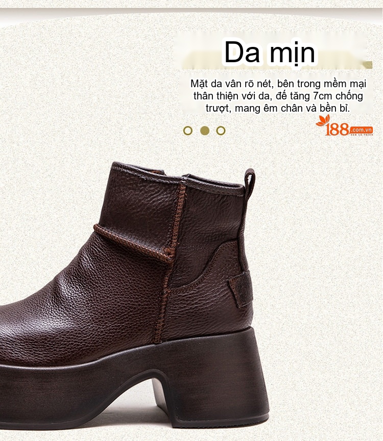 Boot Nữ Cổ Ngắn Da Bò Đế Xuồng Chiều Cao Đế Khoảng 6cm Phong Cách Retro Màu Đen, Nâu chi tiết 4