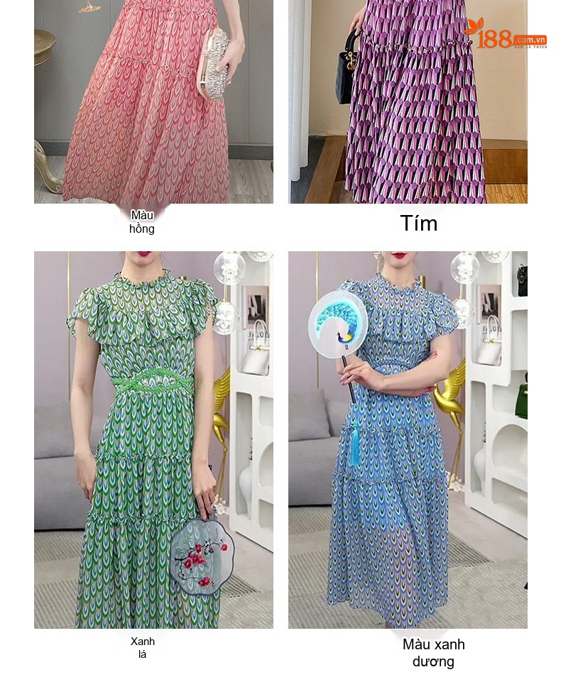 Váy Liền Thân Nữ Tay Ngắn Voan Lụa Xòe Dáng Dài Thắt Eo Phong Cách Tiểu Thư Màu Hồng chi tiết 3