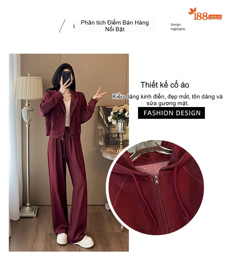 Bộ Đồ Thể Thao Nữ Áo Khoác Hoodie Dây Kéo Quần Ống Rộng Màu Đỏ Rượu Vang, Xanh Navy chi tiết 4