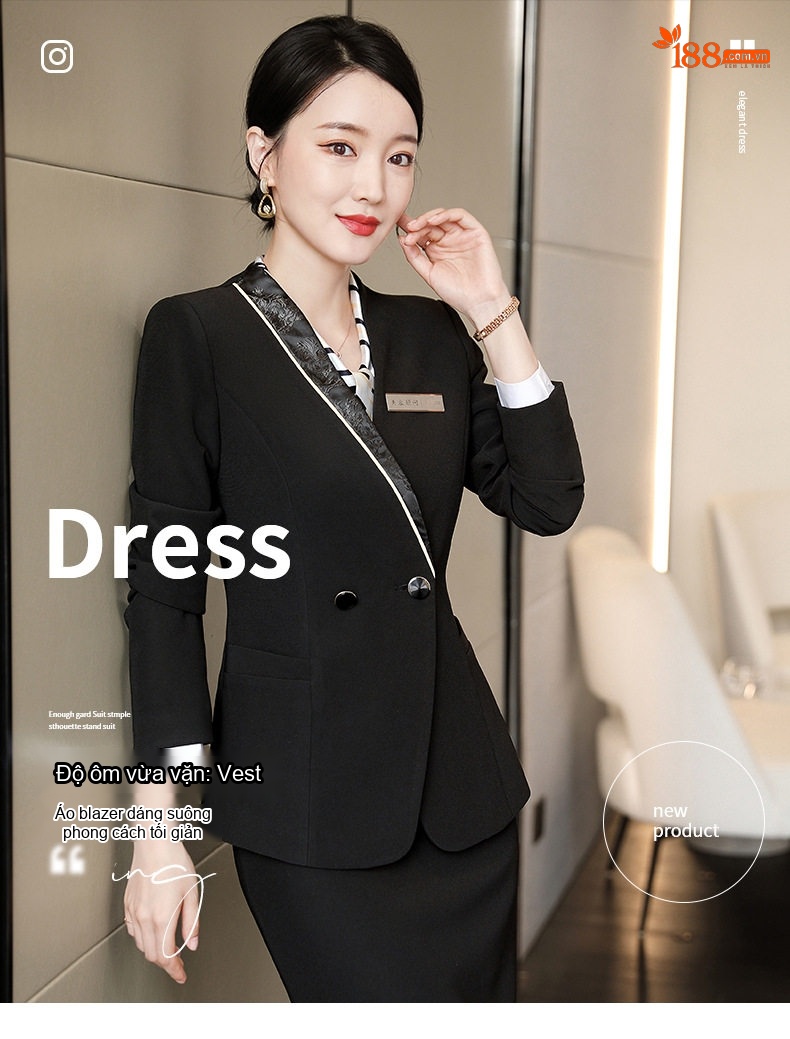 Bộ Vest Công Sở Nữ Quần Dài/Chân Váy Áo Blazer Thanh Lịch Màu Đen, Xanh Dương, Tím chi tiết 3