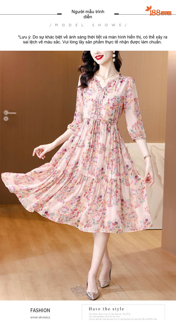 Váy liền thân Nữ Lụa Gấm Họa Tiết Hoa Nhí Cổ Điển Thanh Lịch chi tiết 9