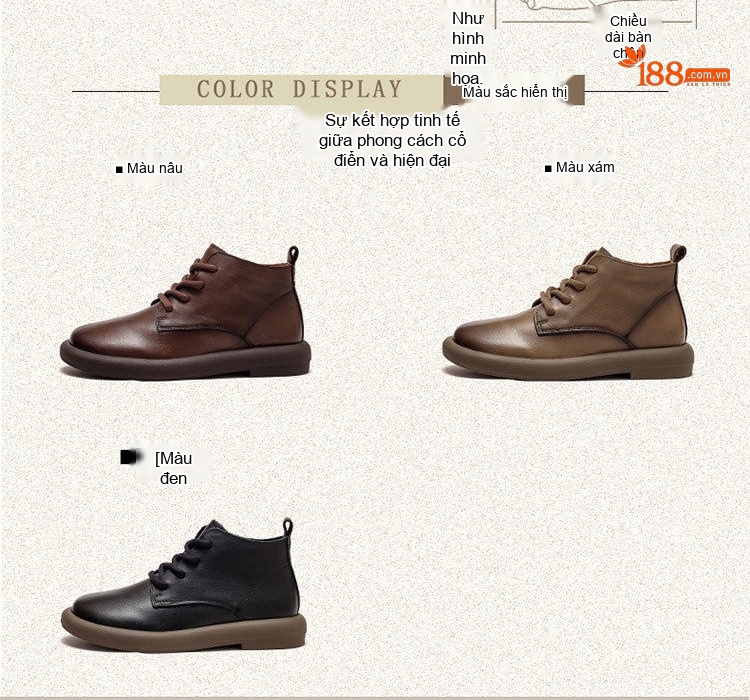Giày Boot Nữ Cổ Ngắn Da Bò Mũi Tròn Buộc Dây Chiều Cao Đế Khoảng 3cm Màu Nâu, Đen chi tiết 3