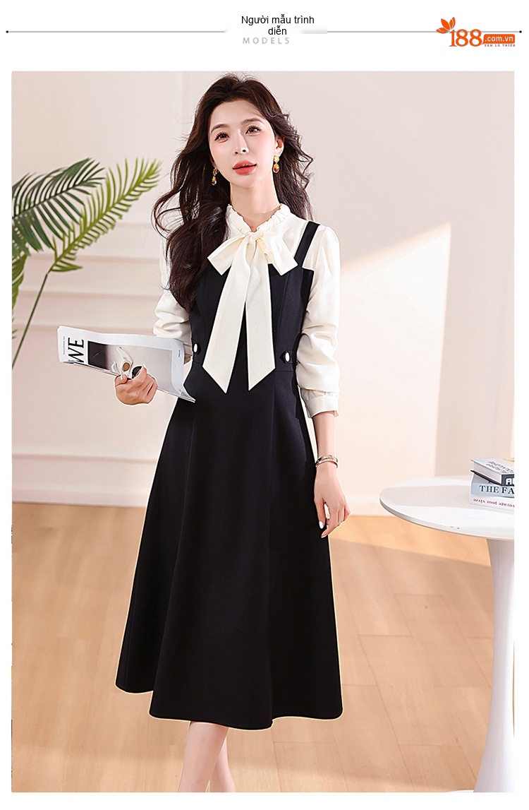 Váy Yếm Nữ dáng chữ A Giả Hai Lớp Phong Cách Hàn Quốc Màu Be, Đen chi tiết 9