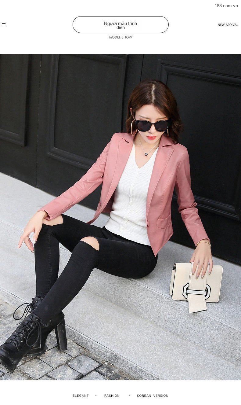 Áo Khoác Blazer Nữ Da PU Dáng Ôm Ngắn Phong Cách Hàn Quốc Màu Nâu, Đỏ, Xanh Lá chi tiết 15