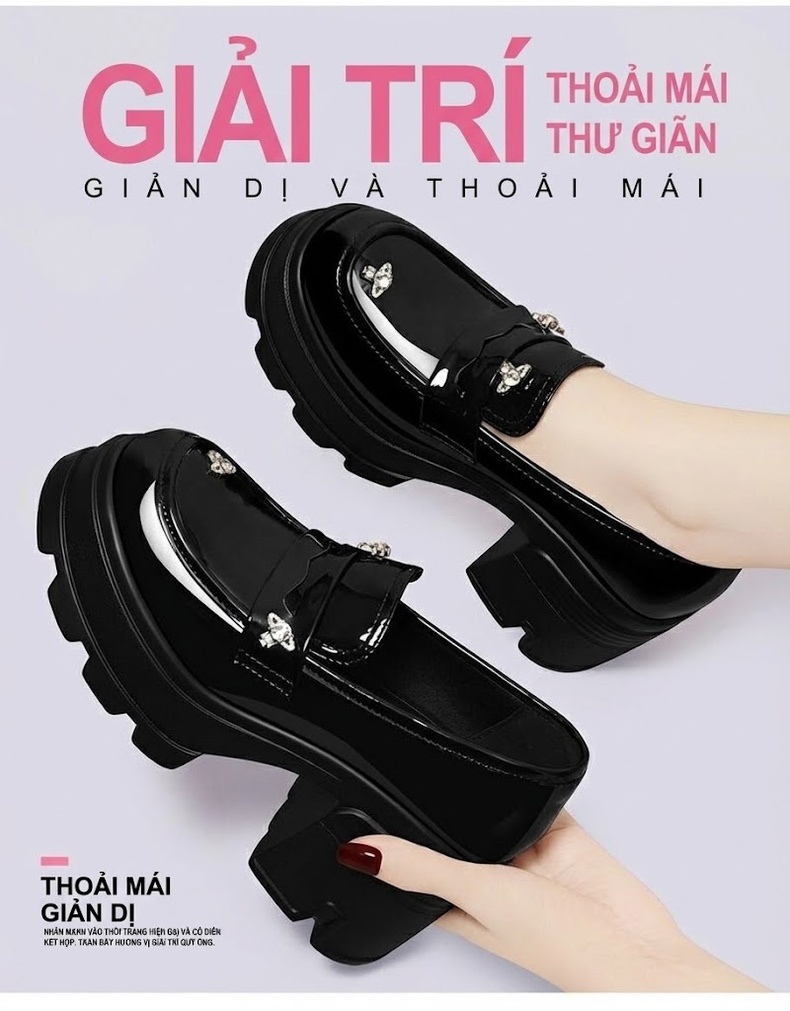 Giày Loafer Nữ Da Bóng Đế Cao Chiều Cao Đế Khoảng 6cm Màu Đen chi tiết 2