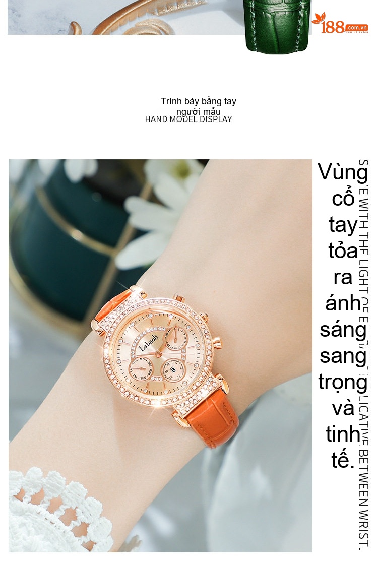 Đồng Hồ Nữ LabaoLi Dây Da Mặt Đính Đá Thời Trang Màu Cam, Đỏ, Xanh Lá, Trắng... chi tiết 12
