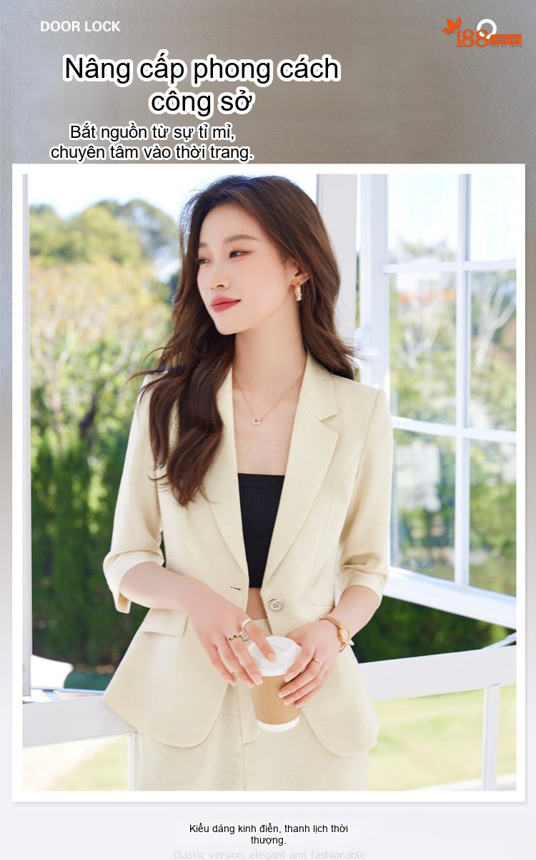 Bộ Vest Nữ Áo Blazer Tay Lỡ Quần Ống Rộng Chất Acetate Satin Phong Cách Công Sở Màu Đen, Trắng Kem, Xanh... chi tiết 1