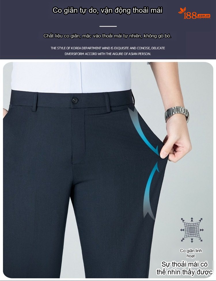 Quần Âu Nam Dáng Slimfit Vải Co Giãn Chống Nhăn Màu Đen, Xám, Xanh Navy chi tiết 5