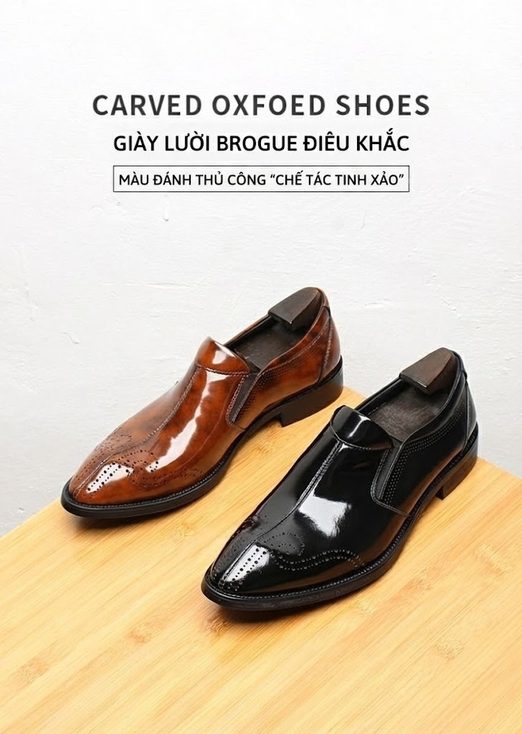 Giày Lười Nam Da Thật Brogue Chiều Cao Đế Khoảng 3cm Màu Đen, Nâu chi tiết 1