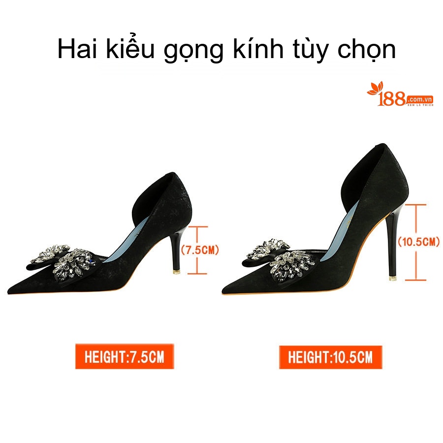 Giày Cao Gót Nữ Da Mờ Hở Bên Chiều Cao Đế 7.5cm Màu Đen
