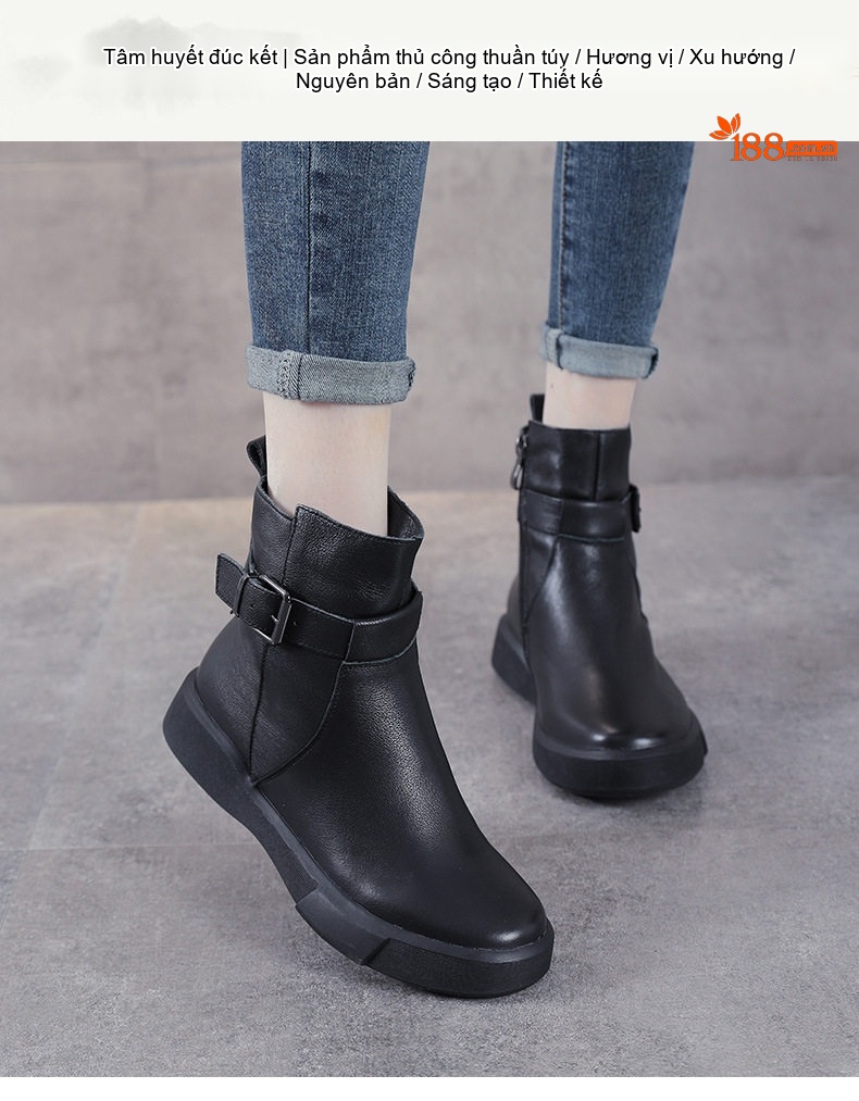 Boot Nữ Da Thật Martin Cổ Ngắn Khóa Đai Phong Cách Anh Chiều Cao Đế Khoảng 3cm Màu Đen chi tiết 1