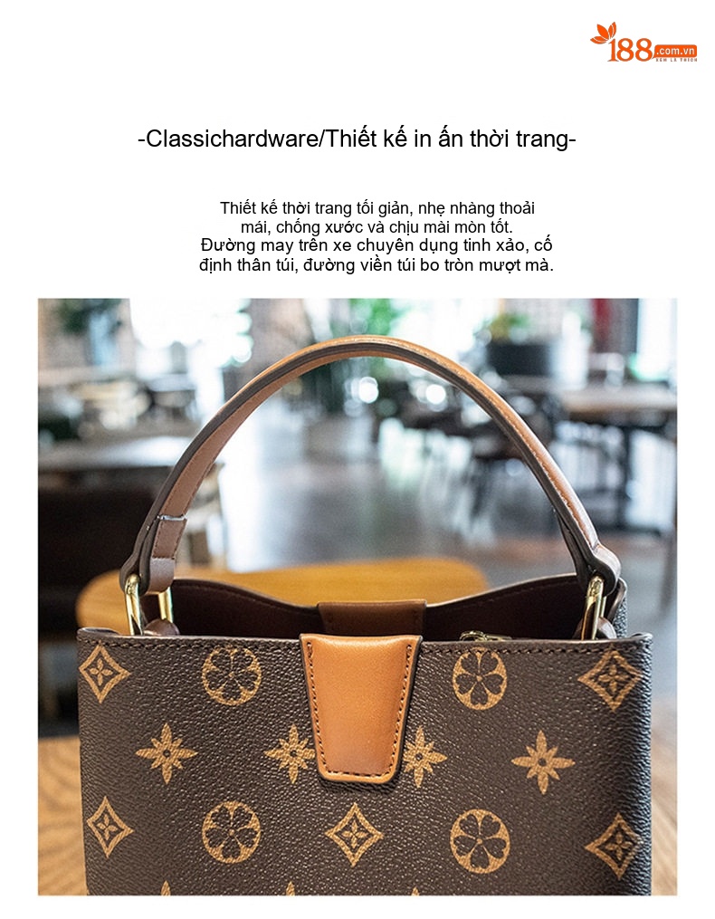Túi Đeo Chéo/Xách Tay Nữ Hình Thùng Nước In Họa Tiết Thời Trang Màu Nâu chi tiết 6