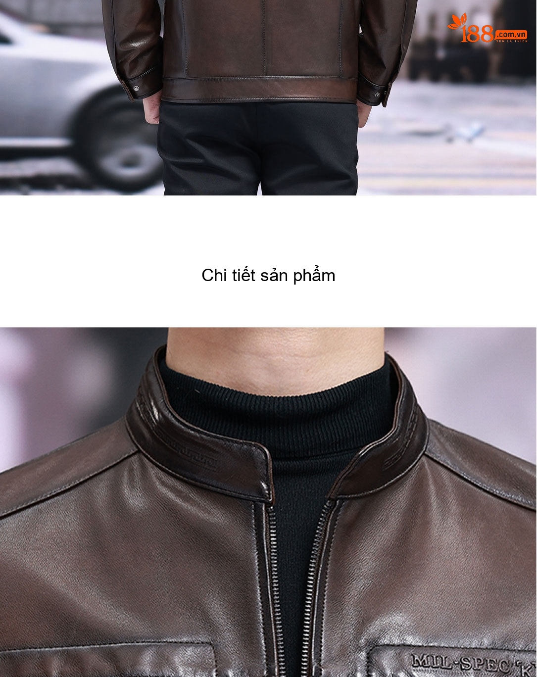 Áo Khoác Da Cừu Nam Dáng Ngắn Cổ Trụ Màu Nâu chi tiết 14