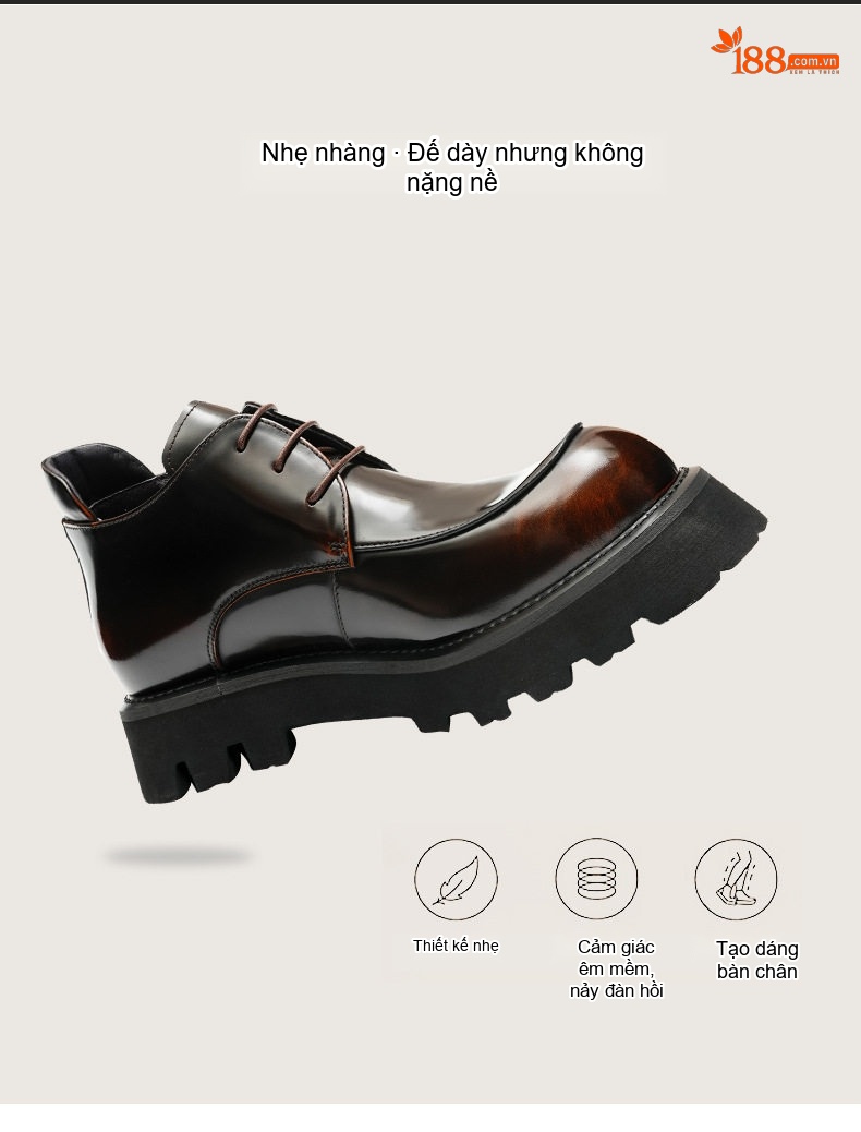 Giày Boot Martin Nam Da Bò Thủ Công Tăng Chiều Cao 4.5cm Đế Dày Phong Cách Anh Quốc Màu Đen chi tiết 4