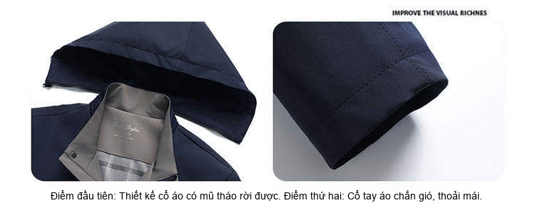 Áo Khoác Gió Nam Mỏng Nhẹ Có Mũ Trùm Đầu Phong Cách Business Casual Màu Đen, Xanh Navy, Be chi tiết 9