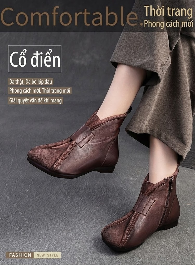 Boot Nữ Cổ Ngắn Da Mờ Phong Cách Retro Chiều Cao Đế Khoảng 1cm Màu Nâu, Vàng chi tiết 1