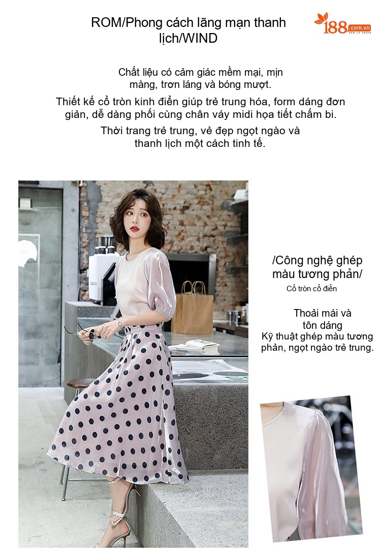 Set Bộ Áo Sơ Mi Tay Phồng Quần/Chân Váy Midi Họa Tiết Chấm Bi Phong Cách Hàn Quốc Màu Hồng, Đen chi tiết 2