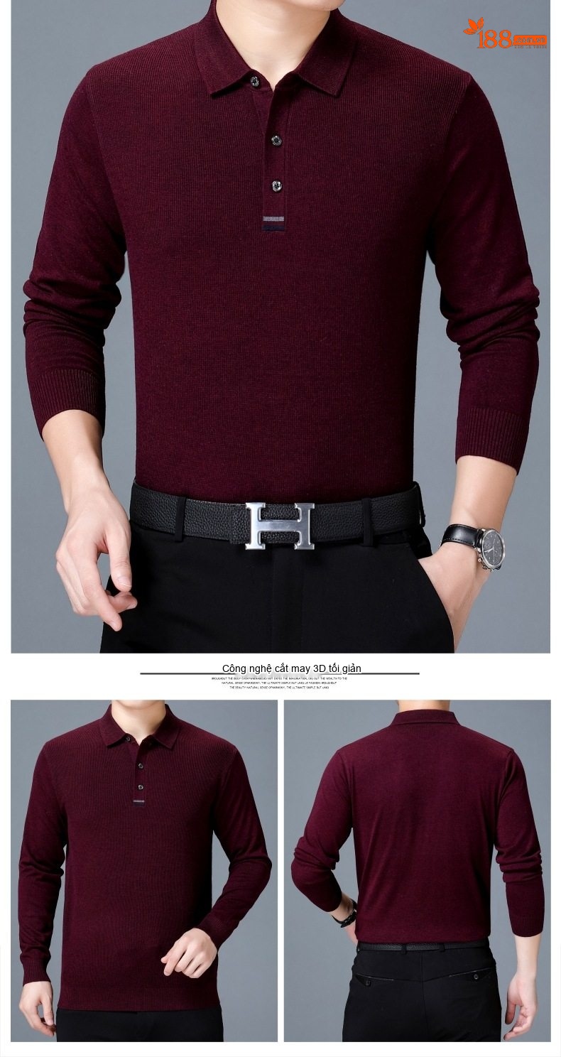 Áo Thun Polo Nam Dài Tay Dệt Kim Cashmere Phong Cách Doanh Nhân Màu Đỏ Rượu, Xám, Xanh Dương, Xanh Lá... chi tiết 9
