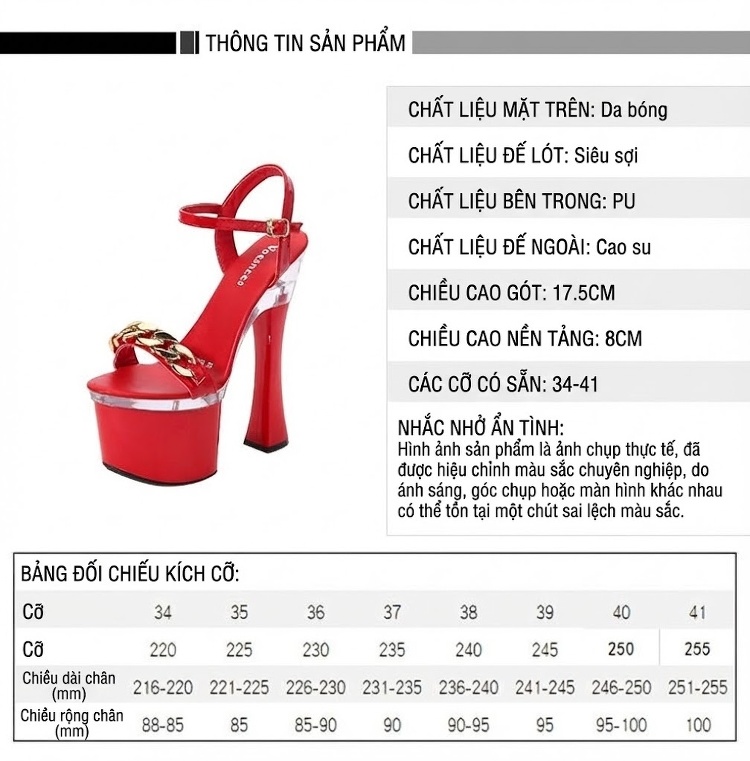 Giày Sandal Cao Gót Nữ Quai Ngang Mắt Xích Gót Cao 10cm - 12cm Màu Đen, Đỏ, Trắng, Hồng... chi tiết 2
