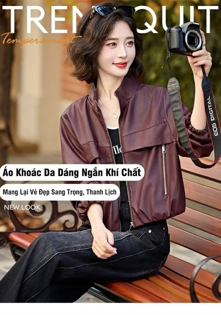 Áo Khoác Bomber Nữ Da Bóng Dáng Ôm Thời Trang Màu Đen, Nâu chi tiết 3