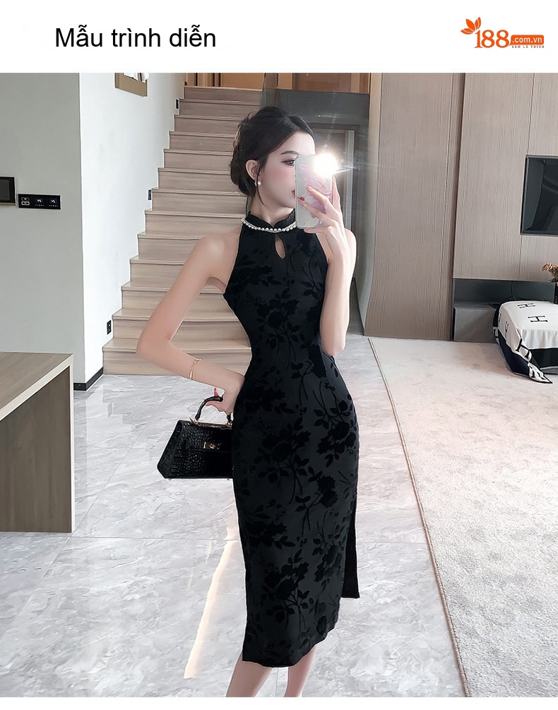 Váy Sườn Xám Nữ Không Tay Xẻ Tà Ôm Dáng Thanh Lịch Màu Đen chi tiết 4