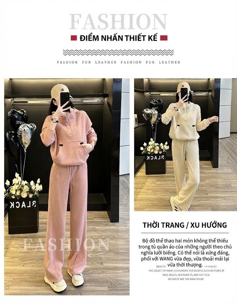 Bộ đồ thể thao nữ áo hoodie dáng rộng quần ống rộng lót lông chi tiết 3