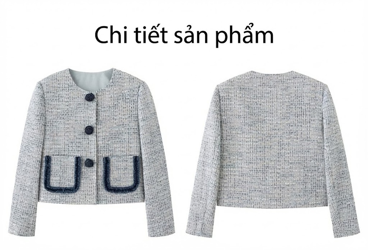 Áo Khoác Nữ Tweed Xanh Lam Cổ Tròn Đính Nút Hoa Phong Cách Tiểu Thư chi tiết 29