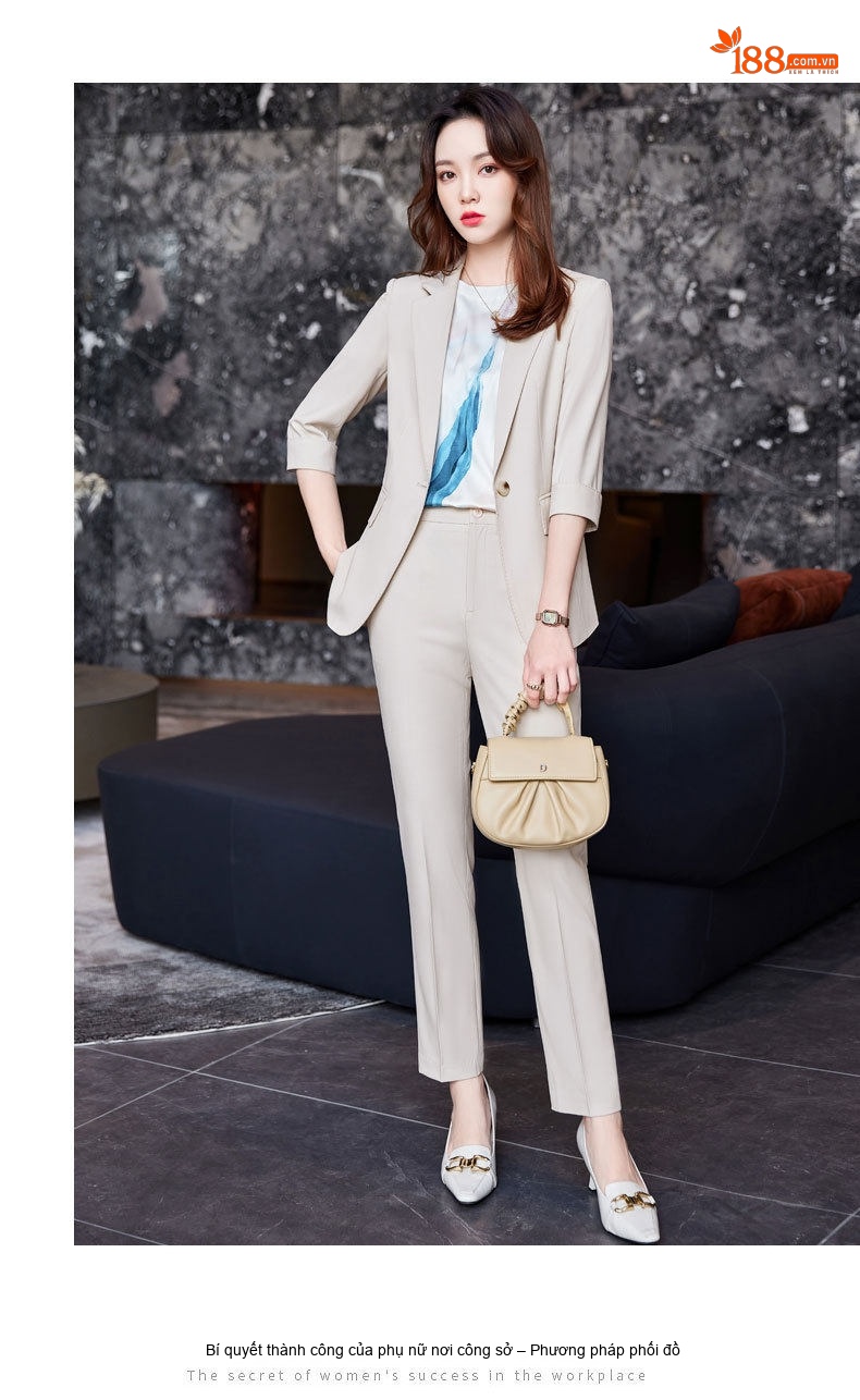 Bộ Vest Công Sở Nữ Tay Lỡ Phong Cách Hàn Quốc Màu Xanh Khói, Be, Đen chi tiết 11