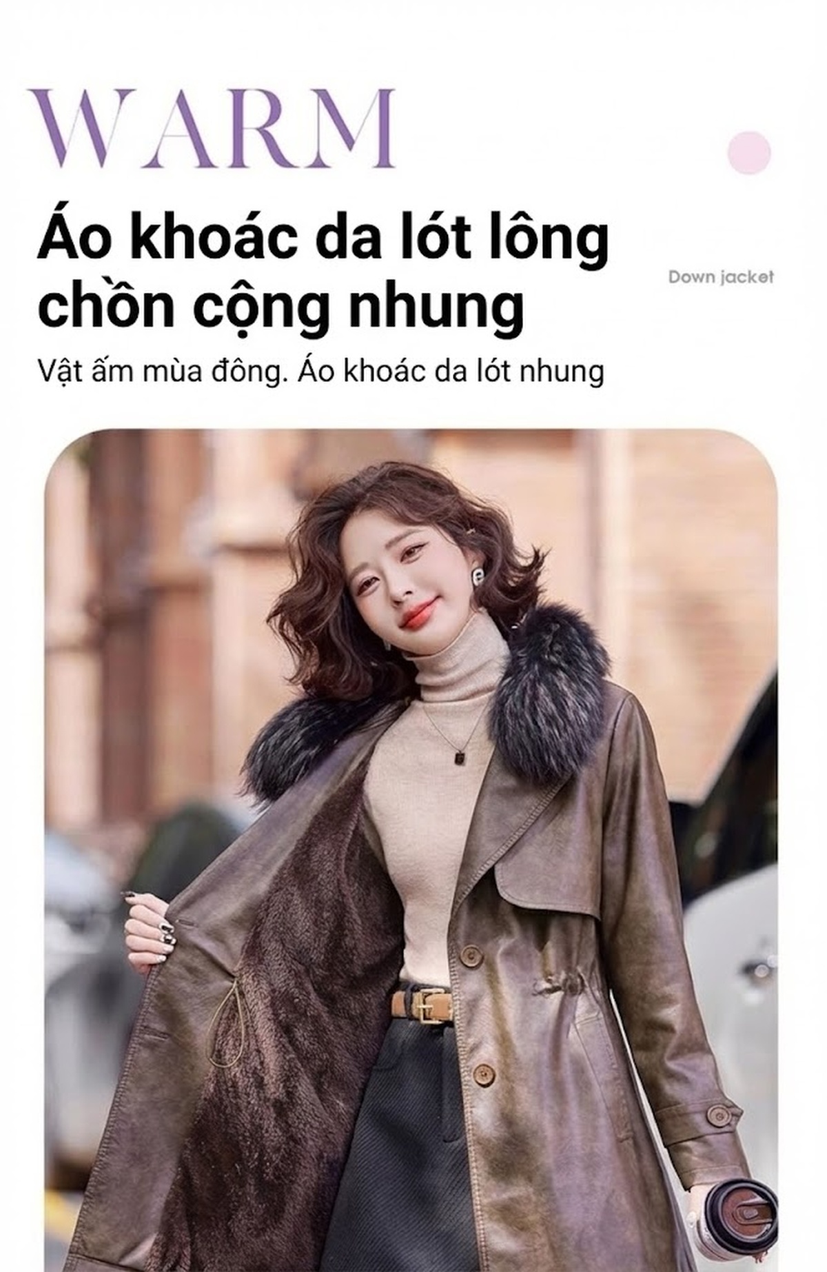 Áo Khoác Da Nữ Lót Lông Dày Dặn Cổ Lông Tháo Rời Màu Đỏ, Nâu, Đen chi tiết 14