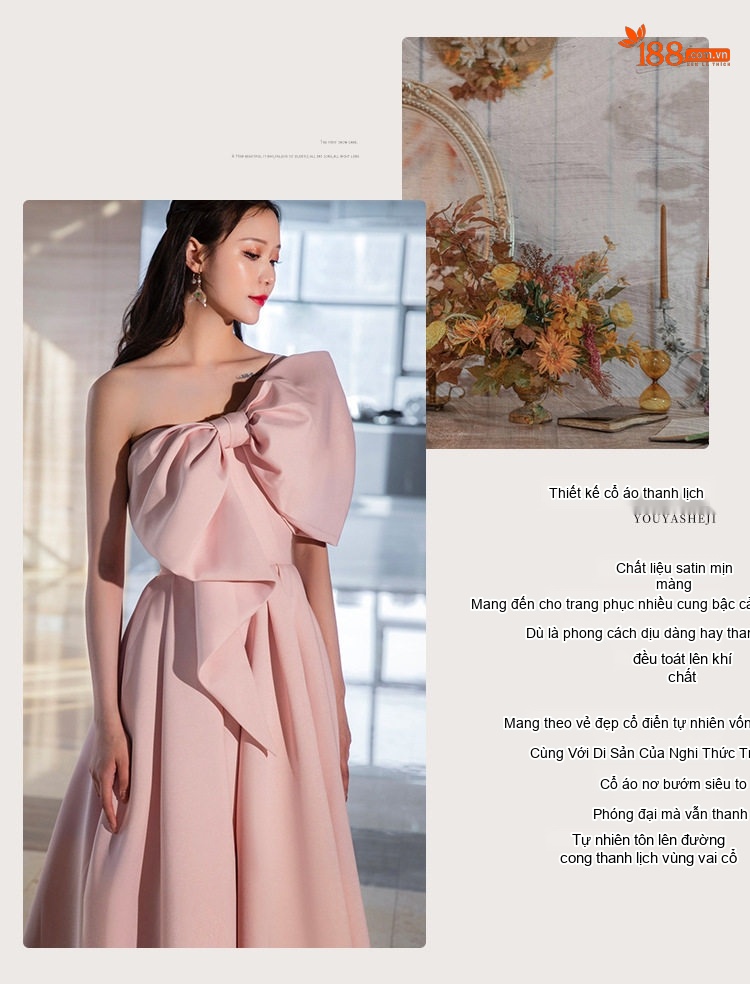 Váy Dạ Hội Dáng Dài Hở Vai Đính Nơ Lớn Dự Tiệc Cưới Hỏi Cho Cô Dâu Màu Đỏ, Hồng chi tiết 4