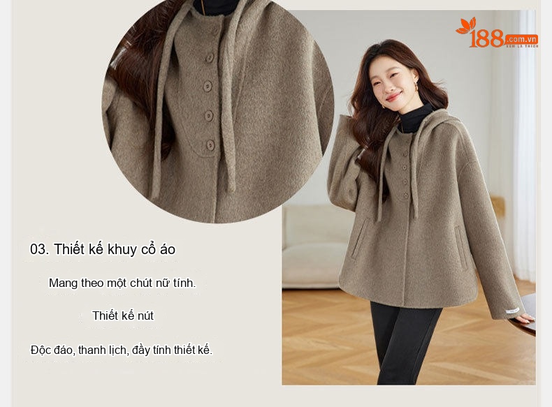 Áo Khoác Nữ Dáng Rộng Vừa Len Hai Mặt Phong Cách Hàn Quốc Có Mũ Trẻ Trung Màu Nâu, Đen, Kem chi tiết 6