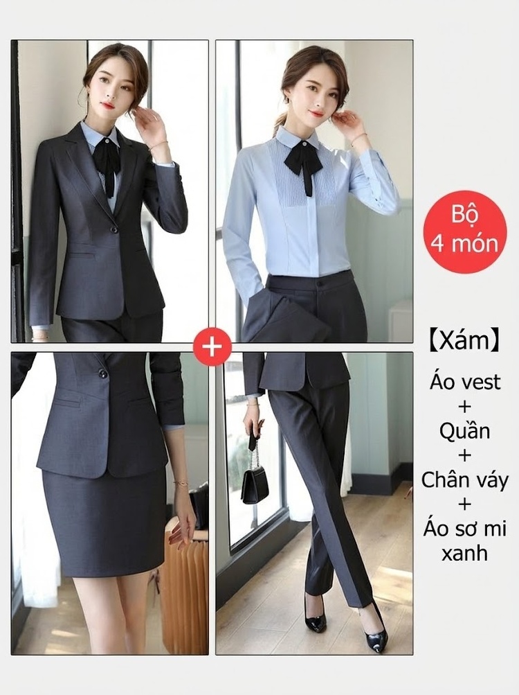 Bộ Vest Công Sở Nữ Quần/Chân Váy Áo Vest Thiết Kế Thời Trang Màu Xám, Đen