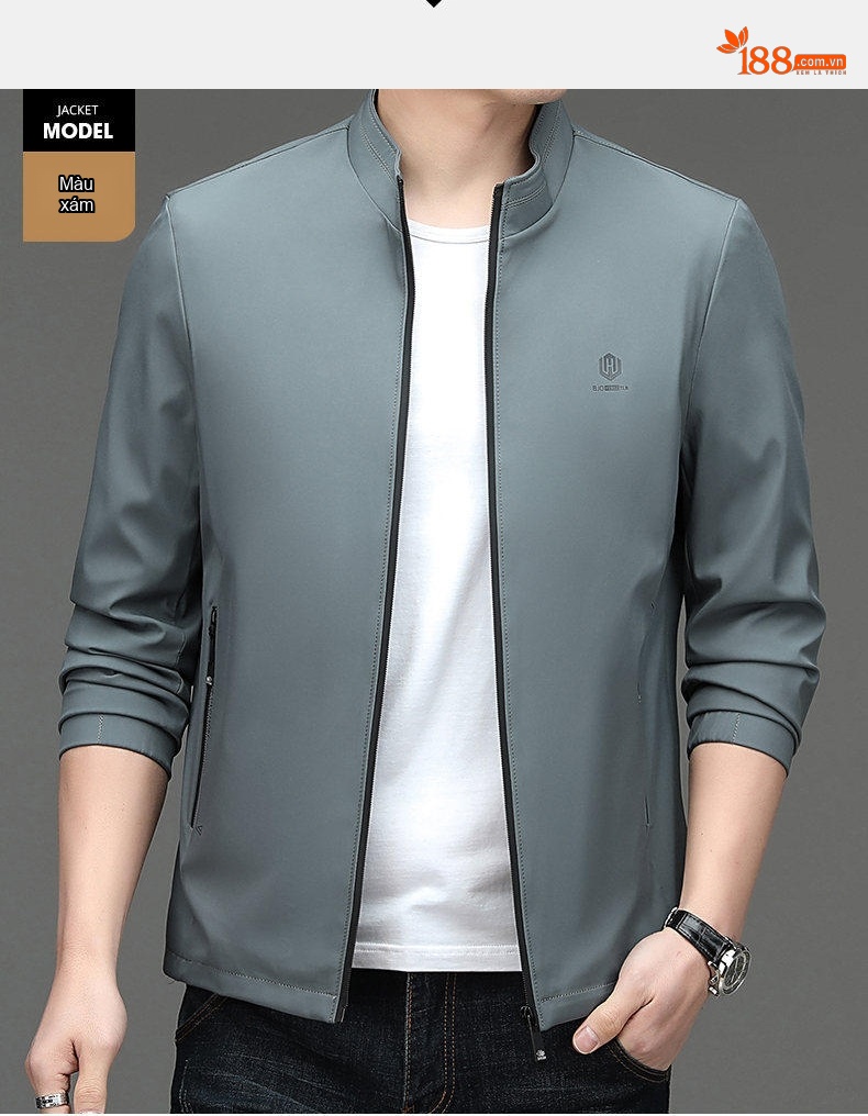 Áo Khoác Bomber Nam Cổ Trụ Dáng Ôm Vừa Vặn Màu Xanh Navy, Xám chi tiết 12