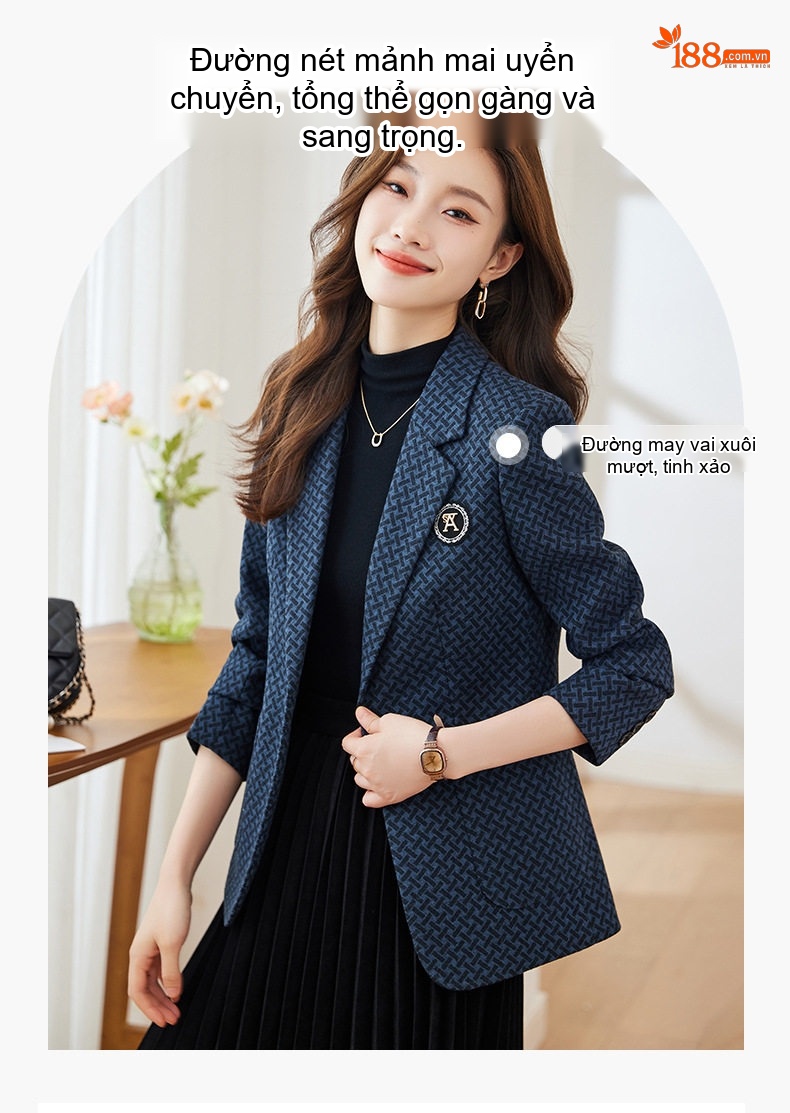 Áo Blazer Nữ Thu Đông Dáng Ôm Họa Tiết Caro Màu Xám, Nâu chi tiết 7