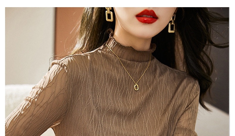 Áo Thun Lưới Dài Tay Nữ Cổ Bán Cao Ôm Dáng Phong Cách Thời Trang Màu Nâu chi tiết 18