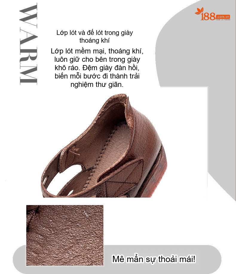 Dép Sandal Nữ Da Bò Quai Dán Hở Ngón Đế Xuồng Thoáng Khí Đế Cao 5cm - 6cm Màu Nâu, Kem chi tiết 5
