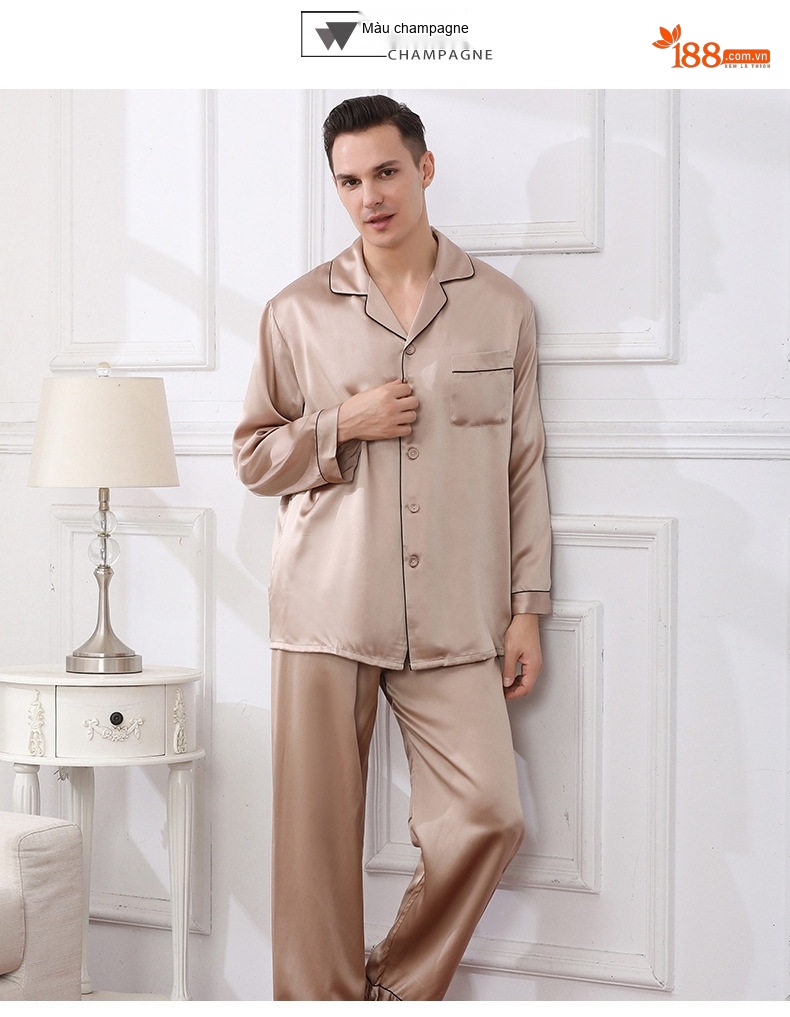 Bộ Đồ Ngủ Lụa Tơ Tằm Dài Tay Nam 100%桑蚕丝 Mùa Xuân Hè Màu Xanh Navy, Vàng Be, Xám, Đỏ chi tiết 13