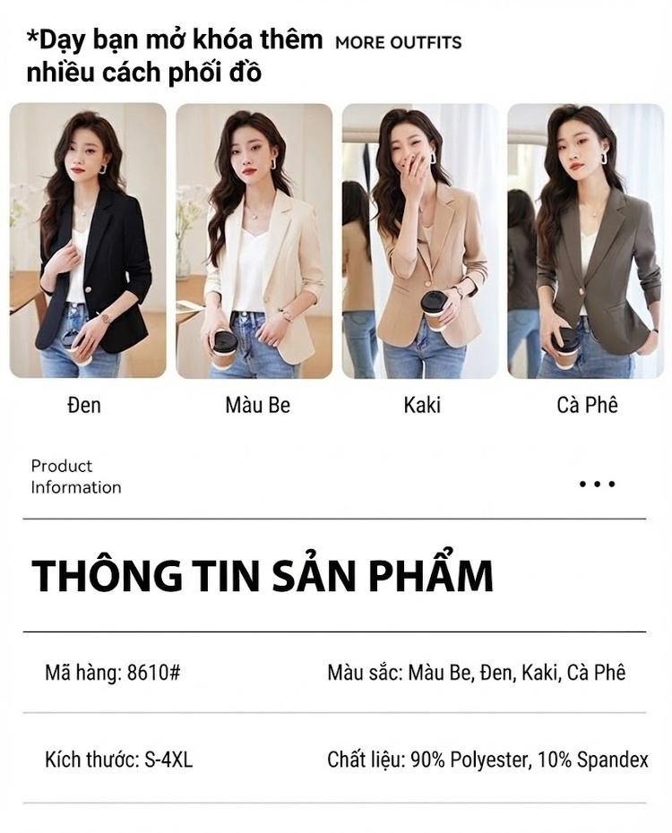 Áo Vest Blazer Nữ Ngắn Tay Lỡ Màu Trắng Kem, Đen, Kaki, Nâu Cà Phê chi tiết 9