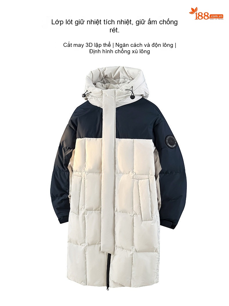 Áo Phao Dáng Dài 90% Lông Vịt Trắng Mũ Trùm Đầu Dày Dặn Phong Cách Unisex Màu Đen, Trắng, Xanh Navy chi tiết 3