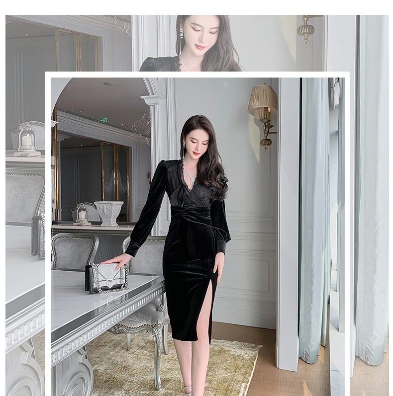 Váy Ôm Body Nữ Dài Tay Lụa Nhung Phối Ren Xẻ Tà Phong Cách Hepburn Màu Đen chi tiết 1