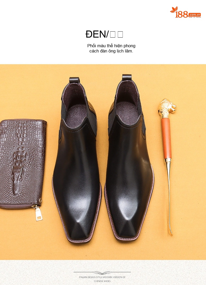 Giày Chelsea Boot Nam Da Thật Mũi Nhọn Chiều Cao Đế Khoảng 3cm Màu Đen, Nâu chi tiết 11
